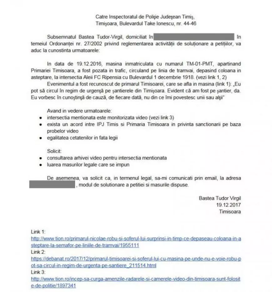 Primarul Timișoarei, reclamat la Poliție după ce a depășit pe linia de tramvai o coloană de mașini