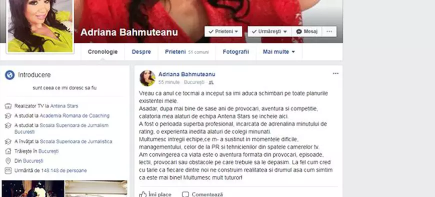 Adriana Bahmuțeanu și-a dat demisia de la Antena Stars. A făcut anunțul în urmă cu puțin timp