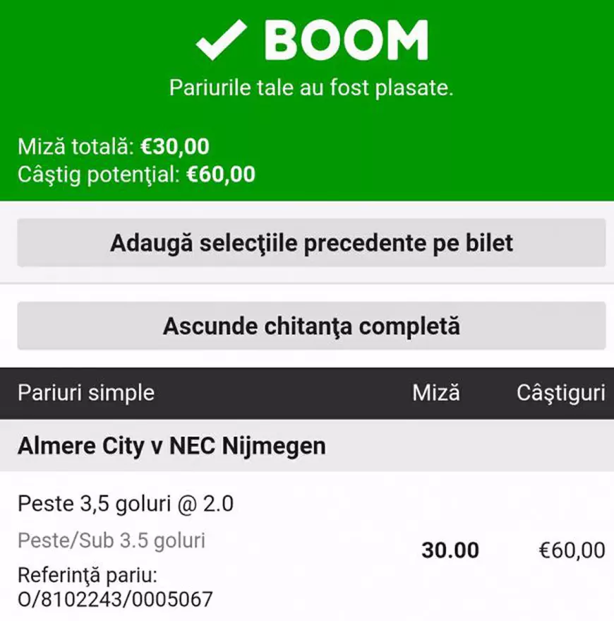 Cota zilei și avancronică pentru Almere City vs NEC Nijmegen