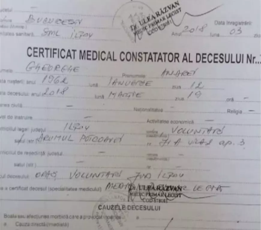 Certificat de deces Andrei Gheorghe