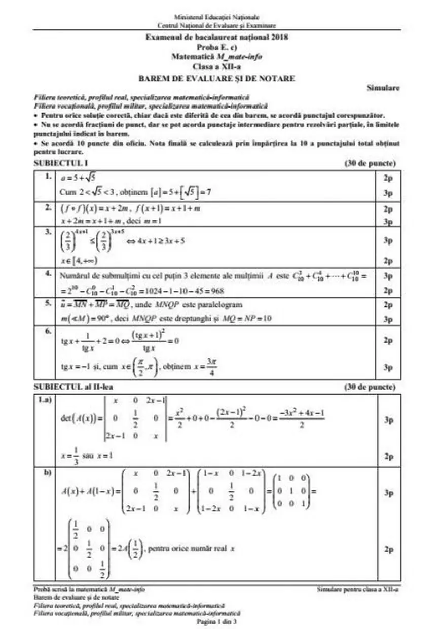 Subiectele date la simularea Bacalaureat 2018 la Matematică. Barem de corectare