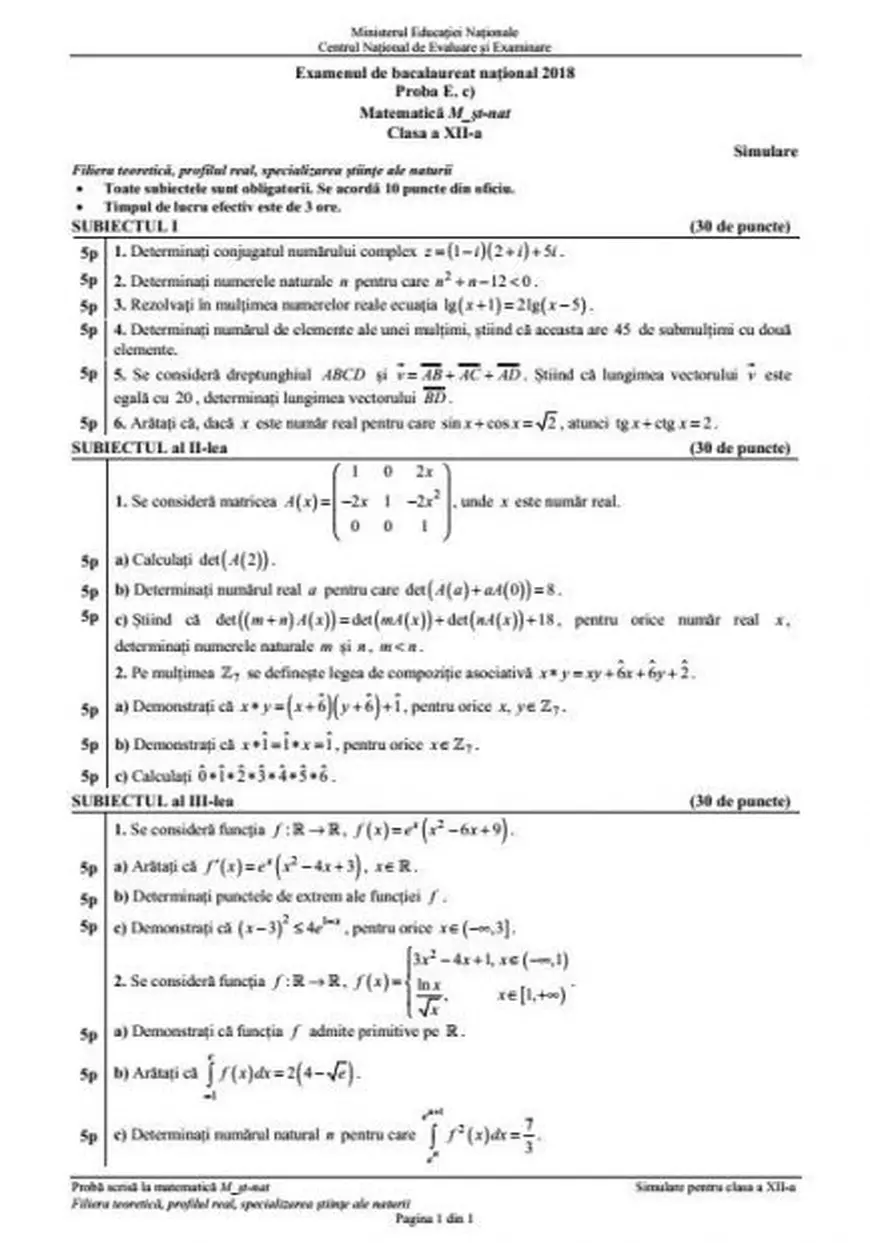 Subiectele date la simularea Bacalaureat 2018 la Matematică. Barem de corectare