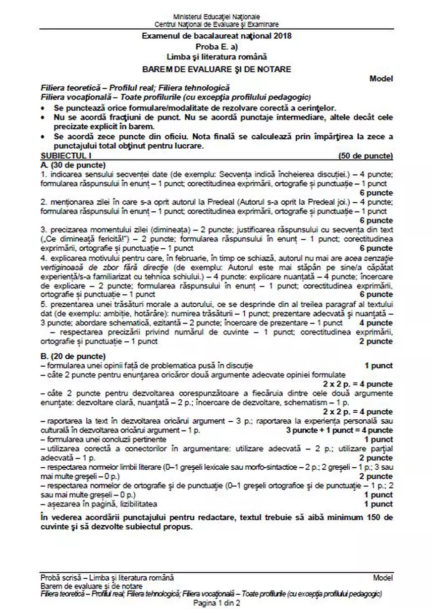 Simulare BACALAUREAT 2018 la Limba și literatura română. Modele de subiecte