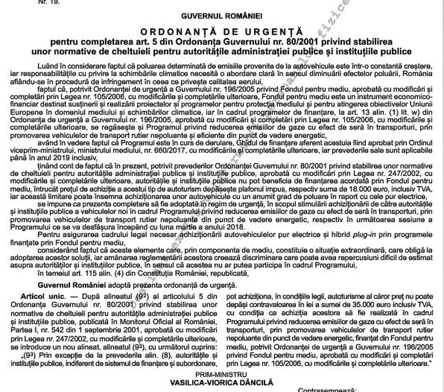 Instituțiile publice vor putea cumpăra mașini nepoluante, la un preț dublu față de plafonul actual; Ordonanța, publicată în Monitorul Oficial