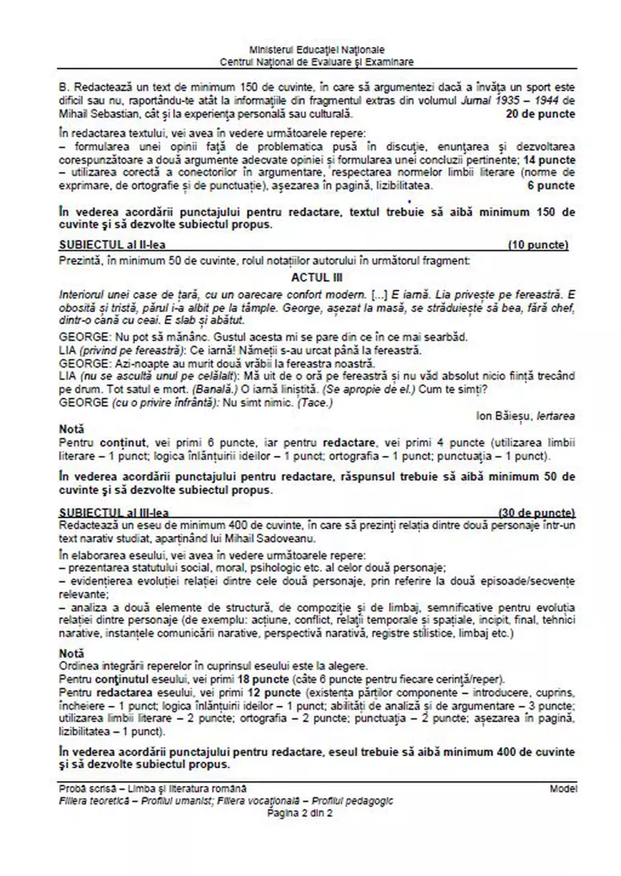 Simulare BACALAUREAT 2018 la Limba și literatura română. Modele de subiecte
