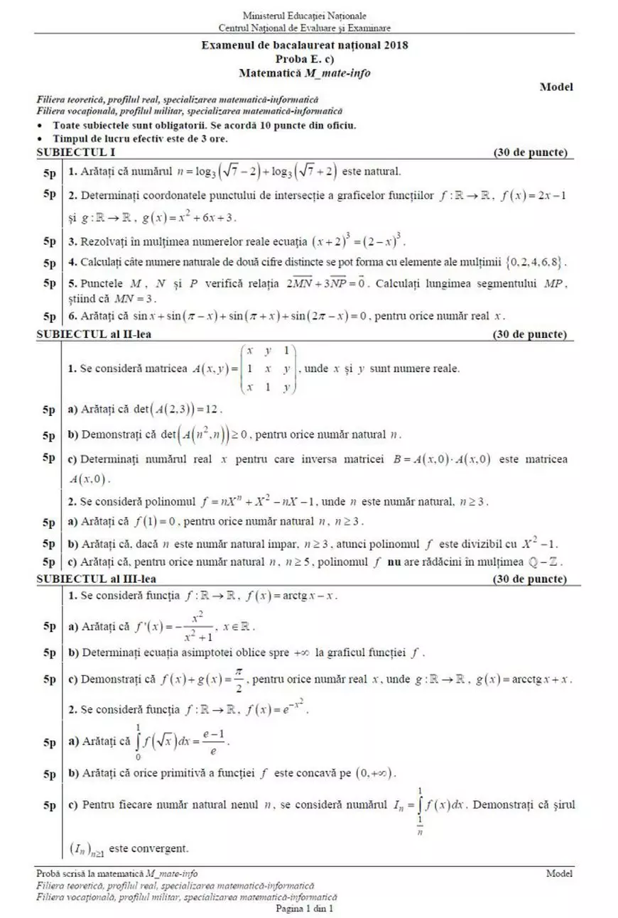 Simulare BACALAUREAT 2018 la Matematică. Modele de subiecte