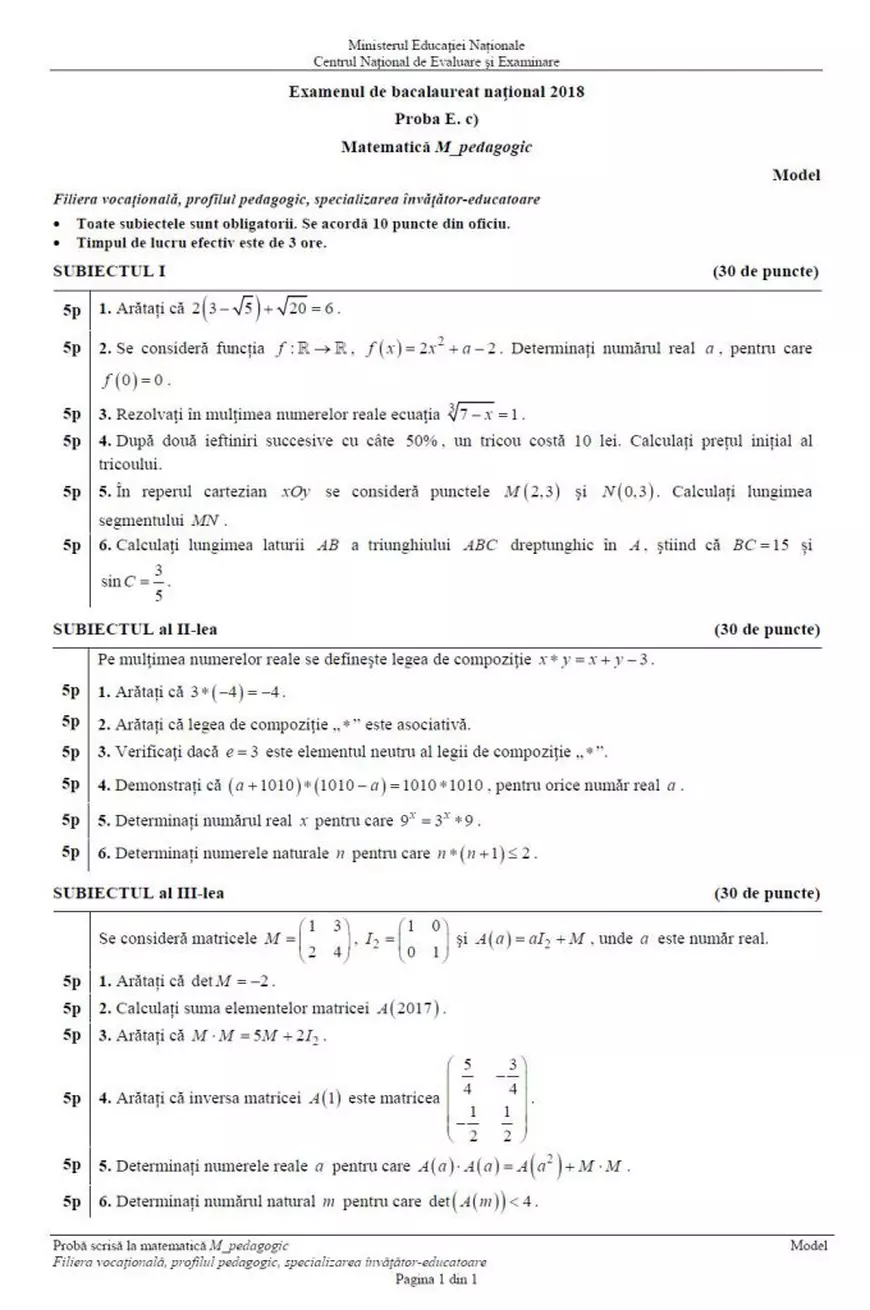 Simulare BACALAUREAT 2018 la Matematică. Modele de subiecte
