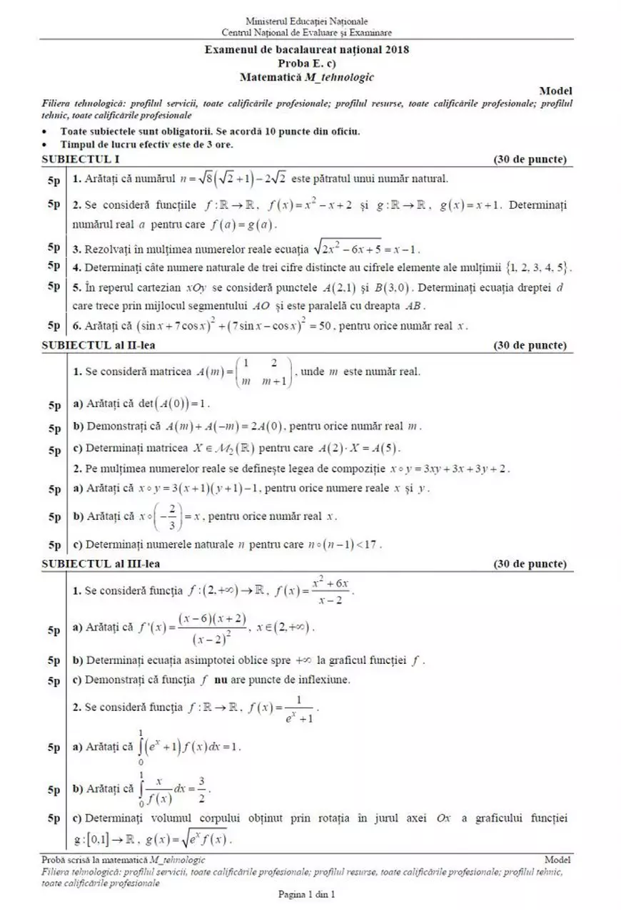 Simulare BACALAUREAT 2018 la Matematică. Modele de subiecte