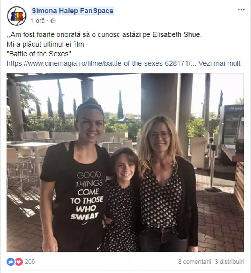 Simona Halep s-a întâlnit cu una dintre actrițele ei favorite. ”Îmi place ultimul ei film”