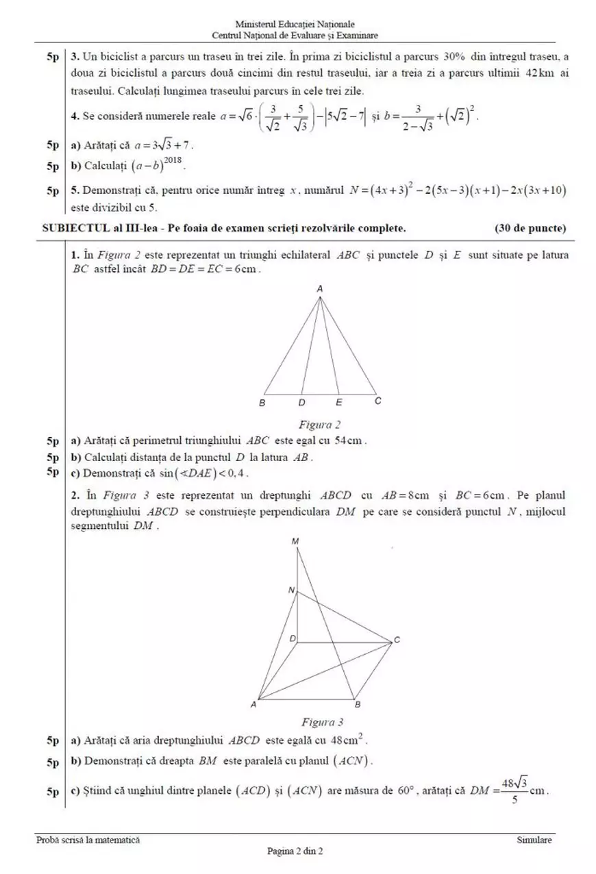 Subiectele date la simularea Evaluării Naționale 2018 la Matematică, pentru clasa a VIII-a