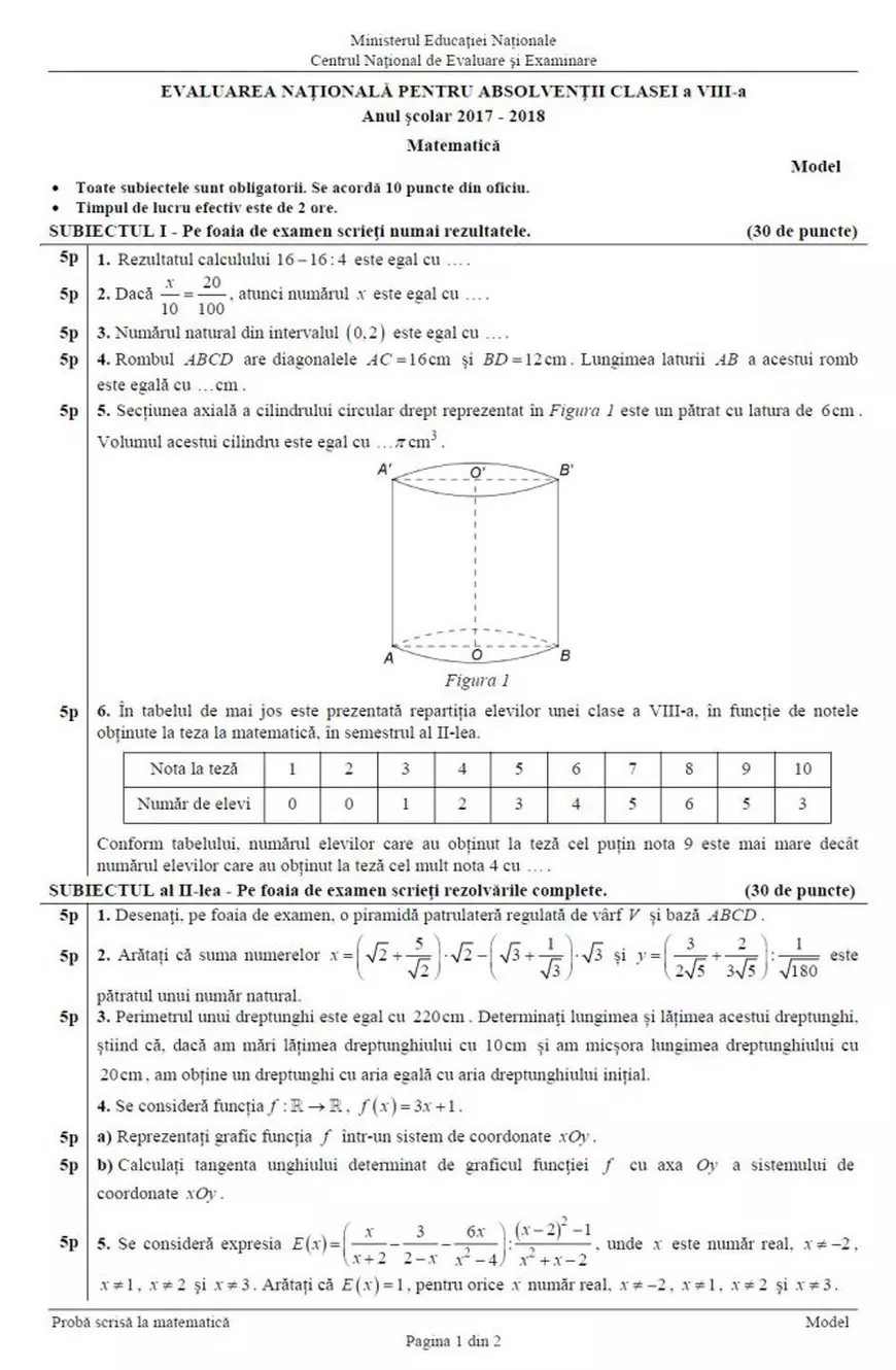 Simularea Evaluării Naţionale 2018 la Matematică, pentru clasa a VIII-a. Model de subiect