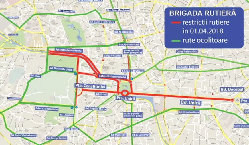 Restricții în București de 1 aprilie, pentru „Bucharest 10 km - Family Run”. Harta cu zona în care traficul este restricționat