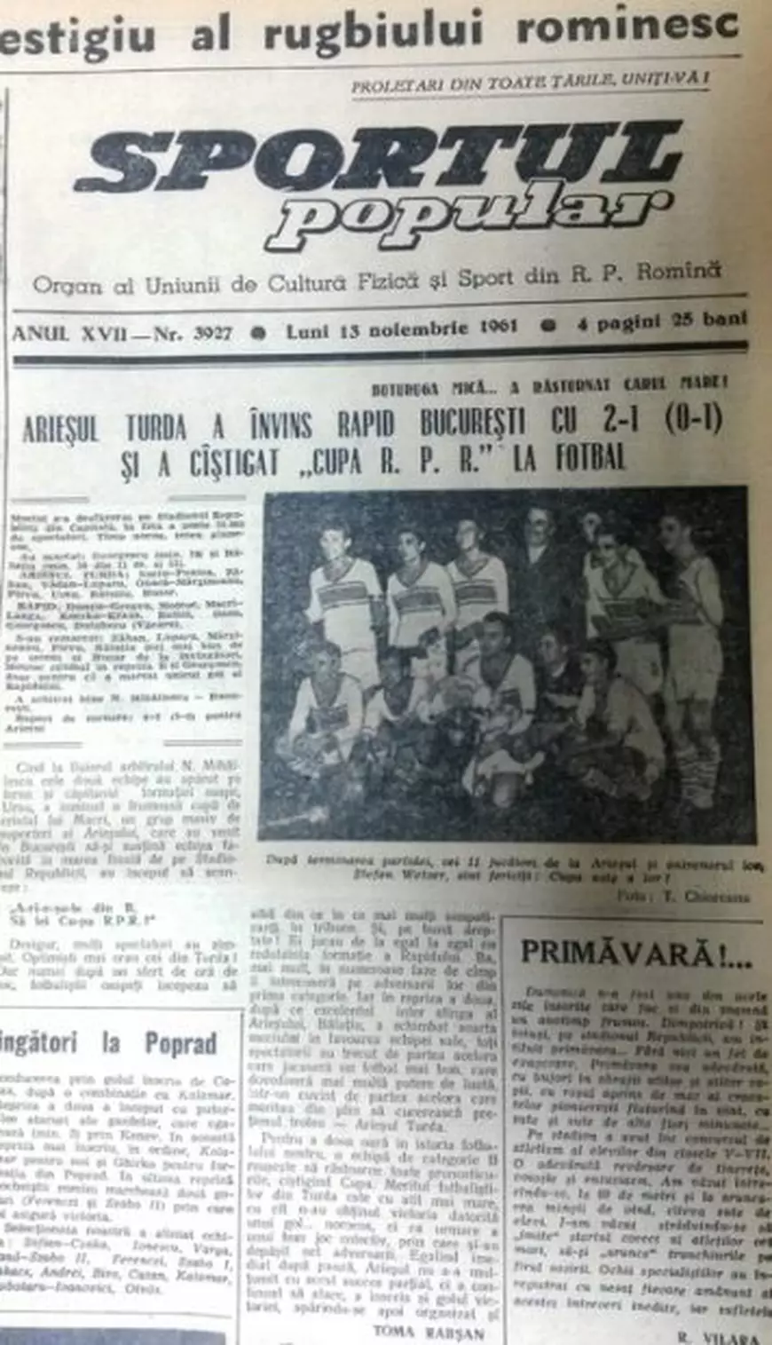 Sfaturi pentru jucătorii de la Hermannstadt Sibiu pentru a pune mâna pe trofeul Cupei României: ”Noi așa am făcut!”. Cum a învins Arieșul Turda pe Rapid în 1961
