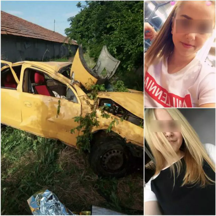 Colaj foto cu mașina implicată un accident, un Opel galben mai vechi, alături de două dintre victime