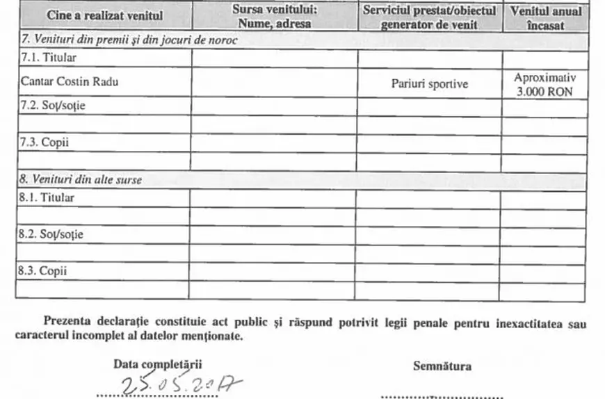 Declarație de avere Costin Radu Canţăr