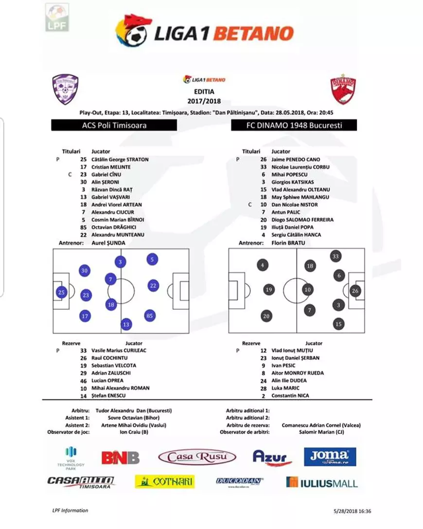 LIVETEXT Liga 1, play-out, etapa a 13-a: ACS Poli Timișoara - Dinamo 1-3. Bănățenii, spre Liga 2. Reacții