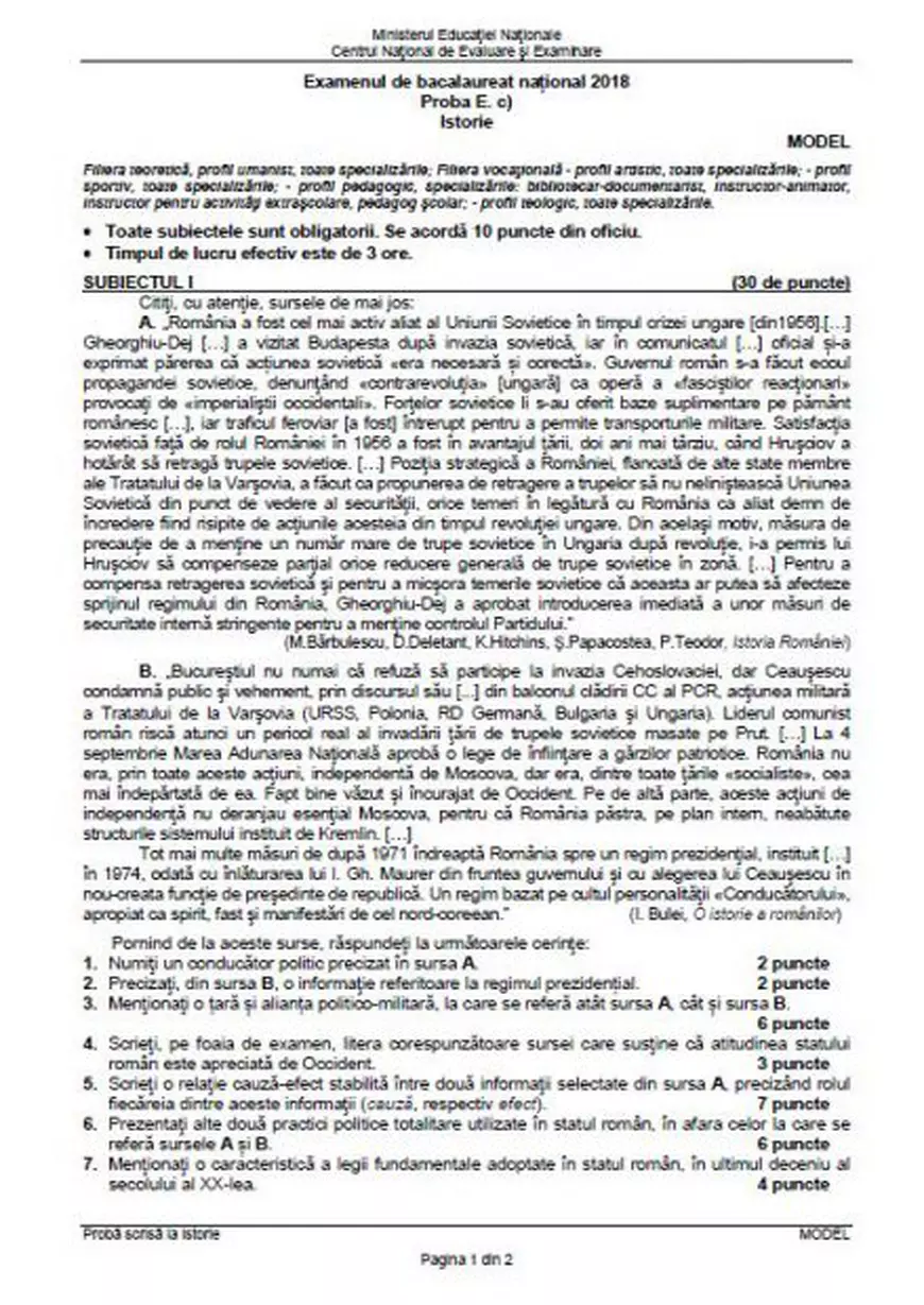BAC Istorie 2018. Model de subiect pentru proba scrisă la istorie