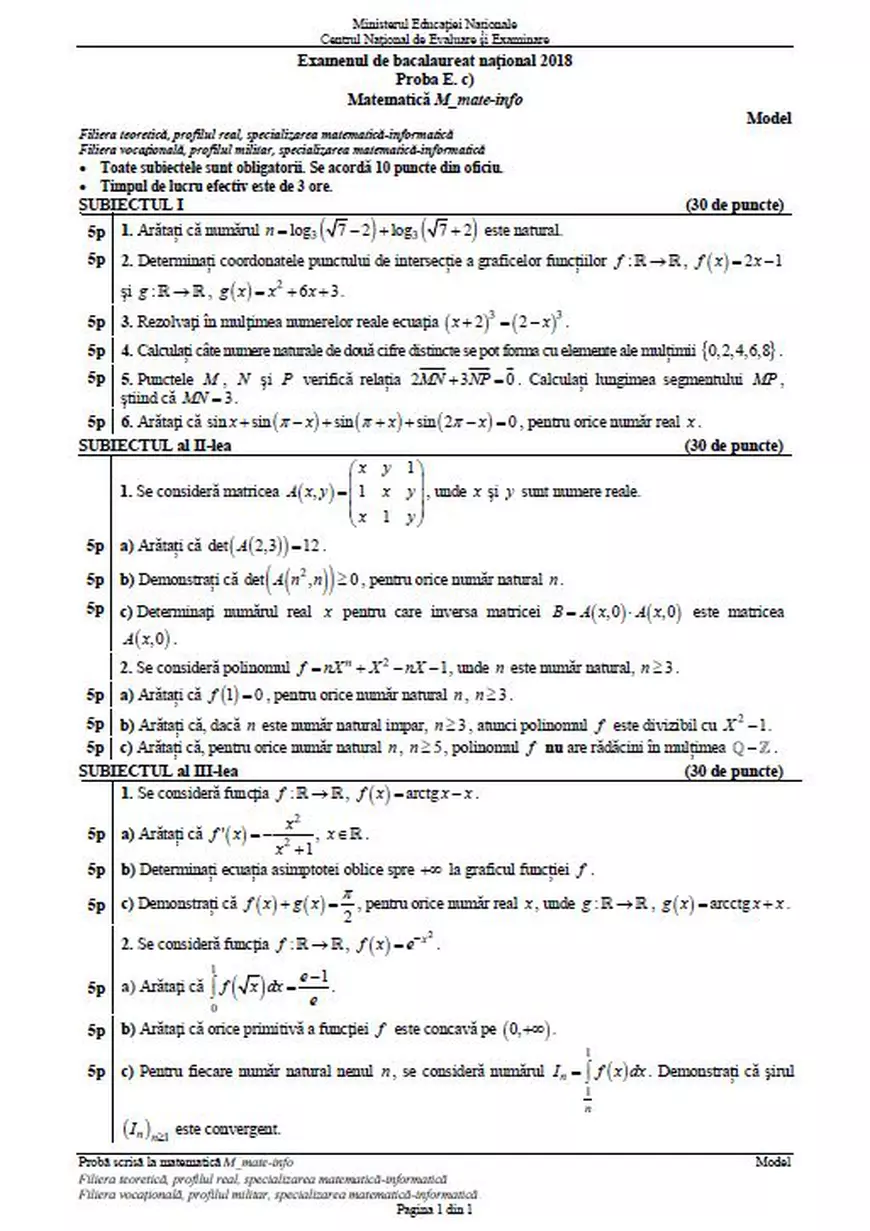 BACALAUREAT 2018 la matematică. Proba are loc miercuri