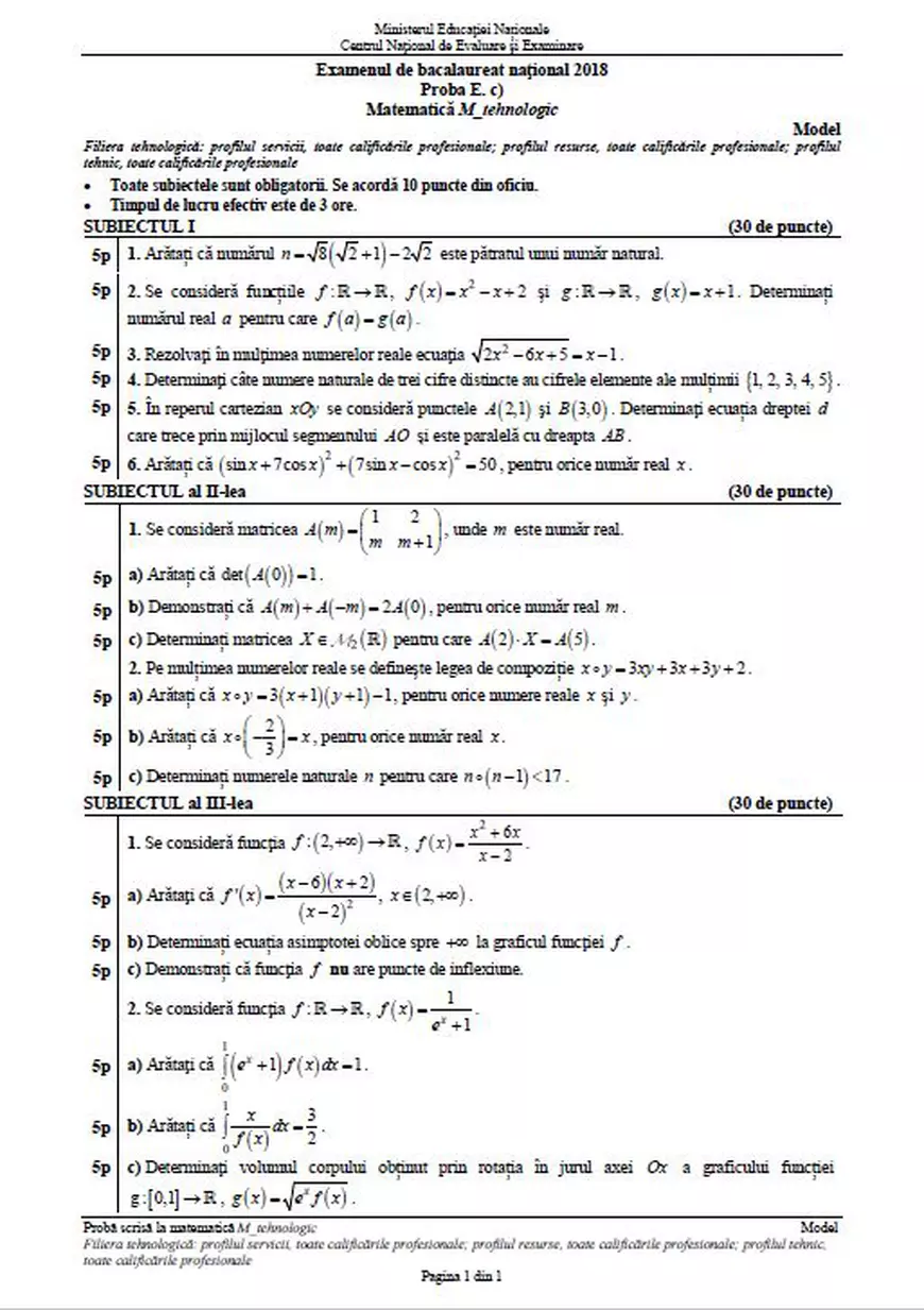 BACALAUREAT 2018 la matematică. Proba are loc miercuri