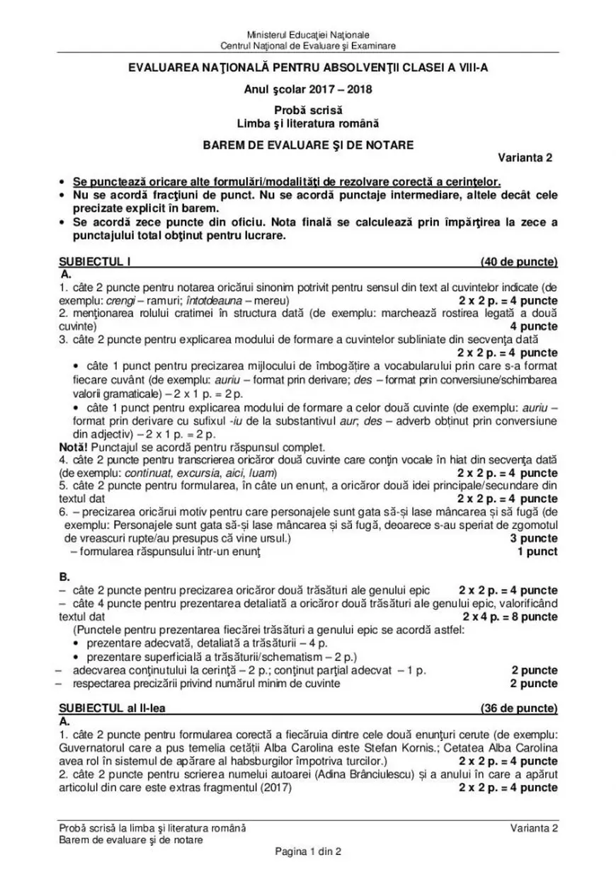 Baremul subiectelor date la Limba şi literatura română la Evaluarea Naţională 2018 pentru clasa a 8-a