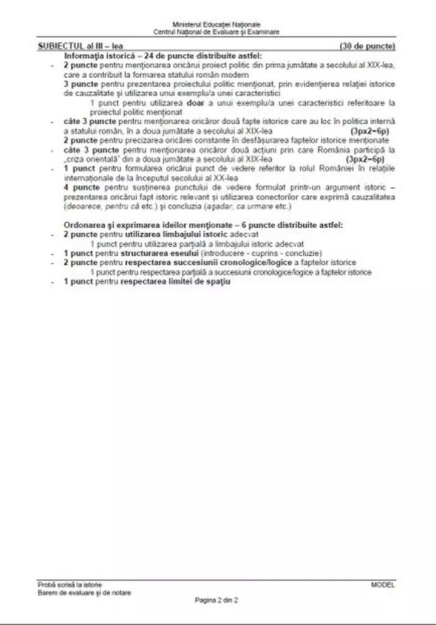 BAC Istorie 2018. Baremul pentru modelul de subiect la istorie