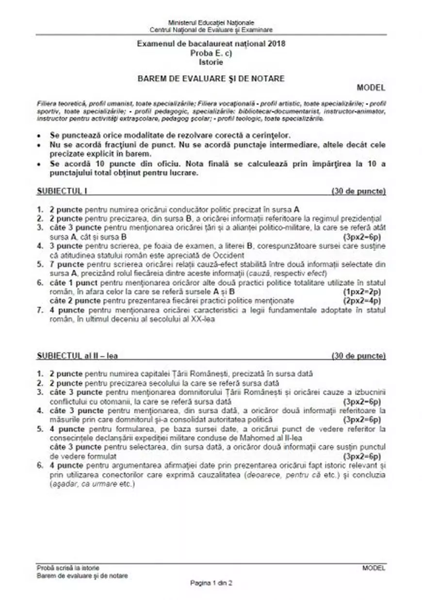 BAC Istorie 2018. Baremul pentru modelul de subiect la istorie