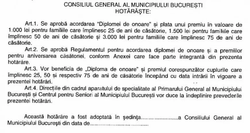 Primăria Capitalei vrea să dea 3.000 de lei celor care împlinesc 75 de ani de căsătorie, anul acesta