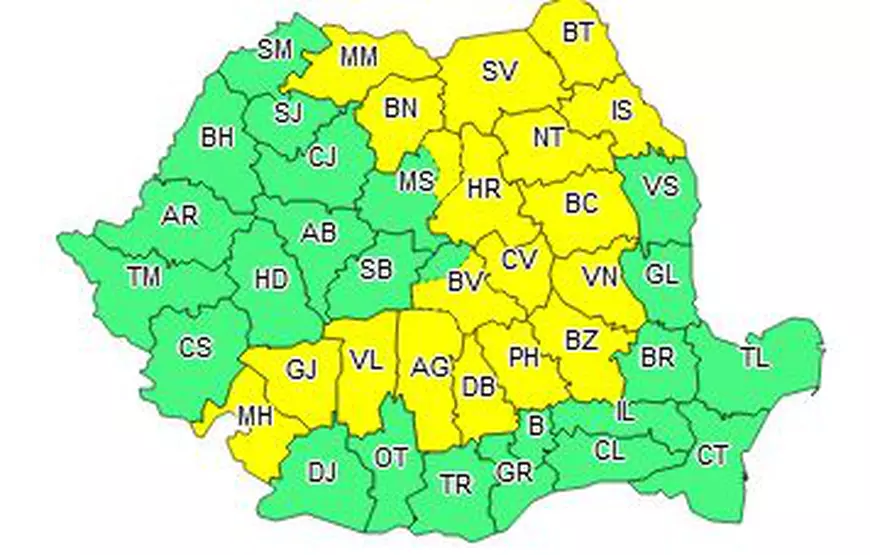 Harta meteo cu județele afectate de Codul Galben de vremea rea