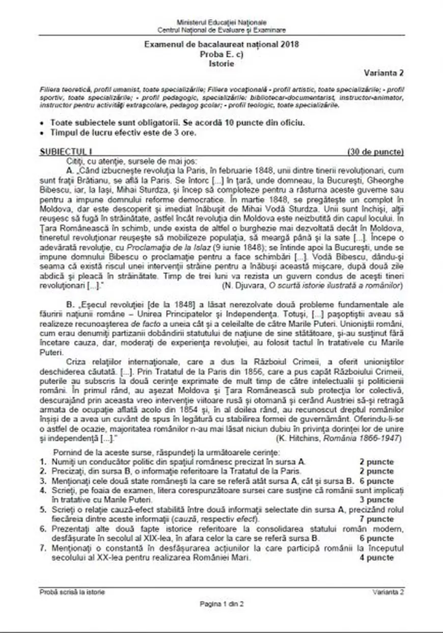 Subiecte BAC 2018 Istorie. Acesta este subiectul de la proba de istorie dat la Bacalaureat 2018