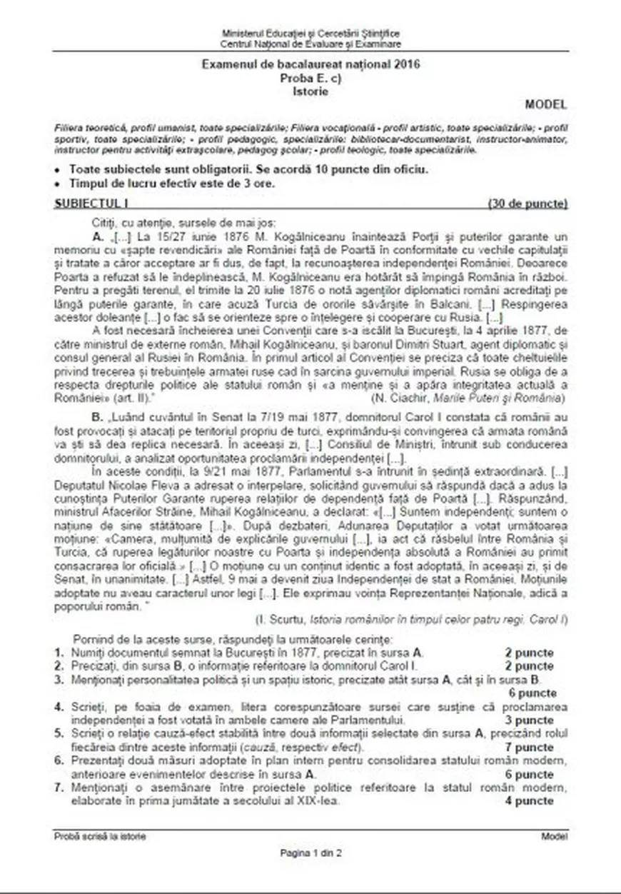 BAC Istorie 2018. Subiectul dat la istorie la Bacalaureat 2016