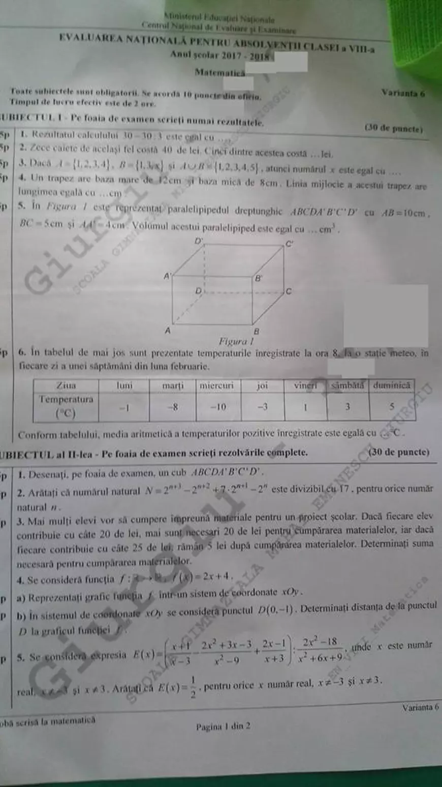 EVALUAREA NAŢIONALĂ 2018 la MATEMATICĂ, pentru clasa a 8-a. Subiectele primite de elevi și rezolvarea cerințelor