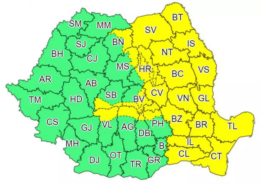 Cod galben de ploi torențiale în Iași. Harta cu Județele vizate de avertizarea cod galben de ploi torențiale 
