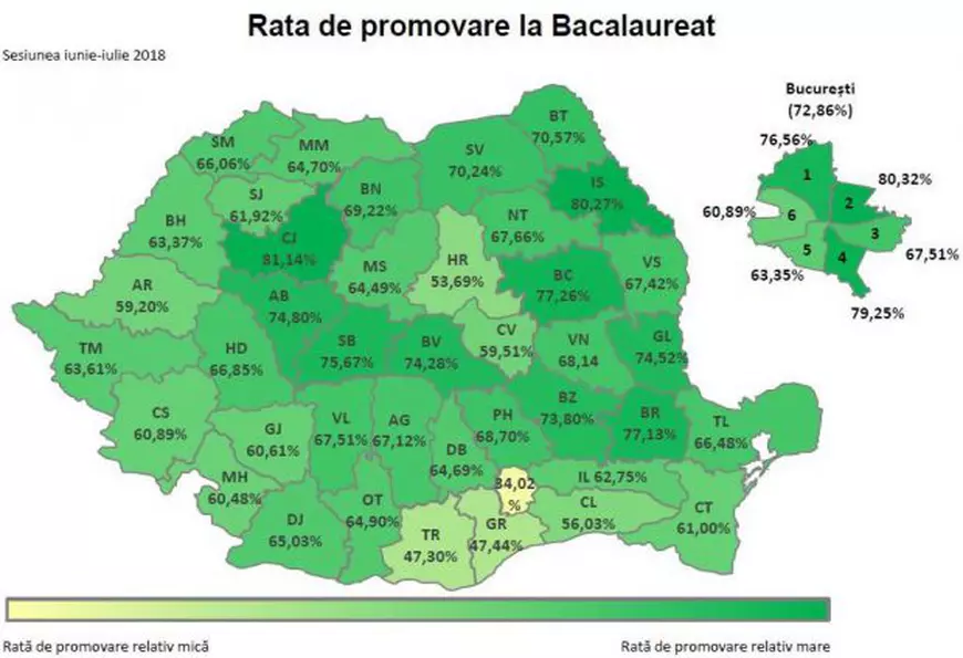 Harta cu rata de promovare la BAC 2018 pe județe (predomină culoarea verde)
