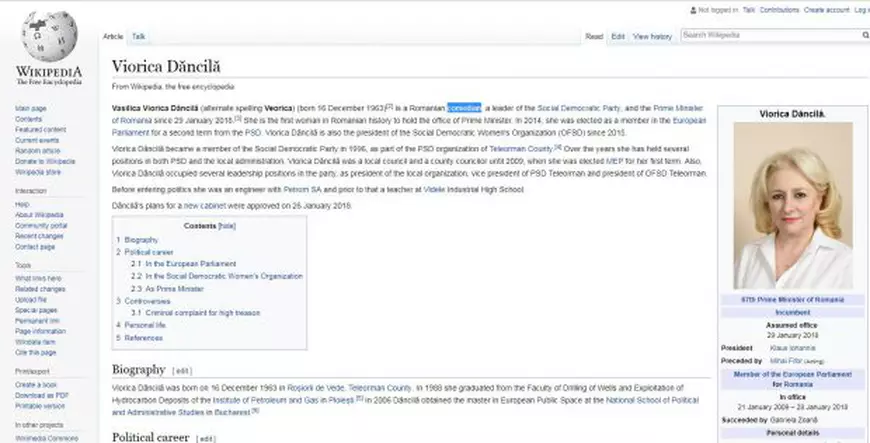 FOTO | Pagina de Wikipedia în limba engleză a Vioricăi Dăncilă, modificată. Premierul este numit ”comediant”