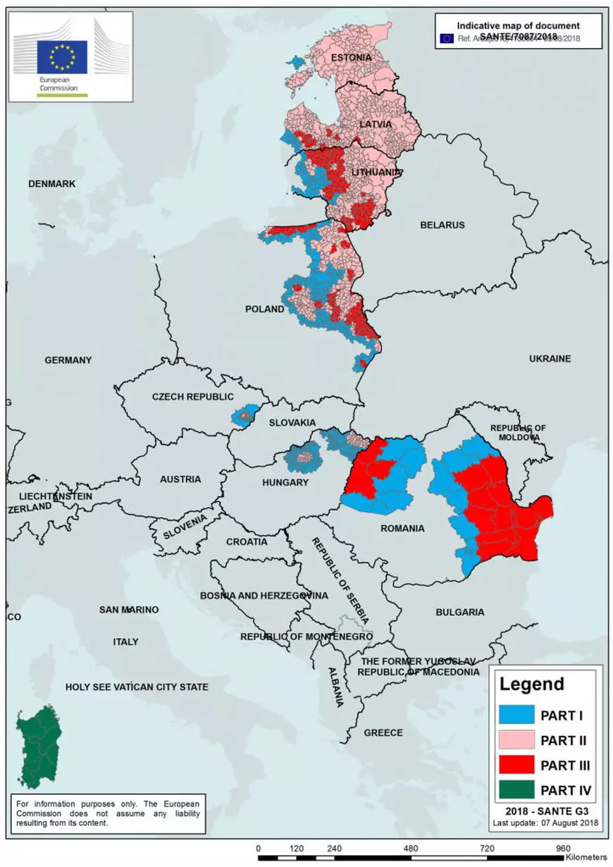 BREAKING NEWS. E jale! Pesta porcină e în 13 județe ale României, după cum arată harta Comisiei Europene. Mai repede cu 3 săptămâni!