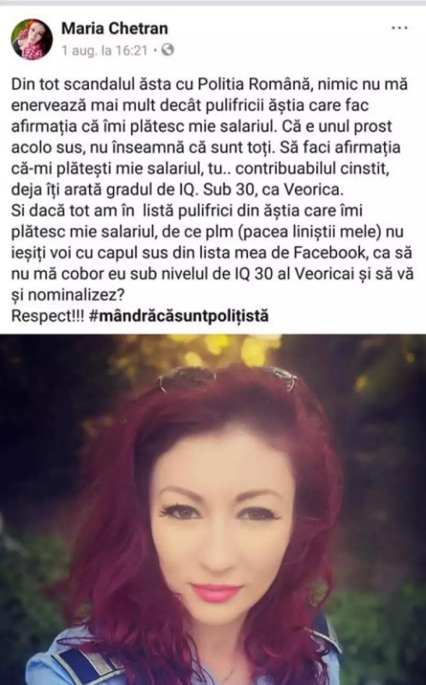 Mesajul unei poliţiste din Vaslui pentru "contribuabilii care îi plătesc salariul": "Nimic nu mă enervează mai mult decât pulifricii ăştia"