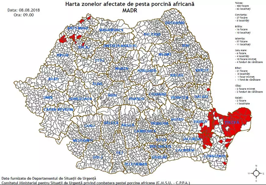 Libertatea vă prezintă harta oficială a extinderii epidemiei de pestă porcină, din această dimineață. Numărul focarelor a ajuns la 619 și cel al localităților afectate la 104!