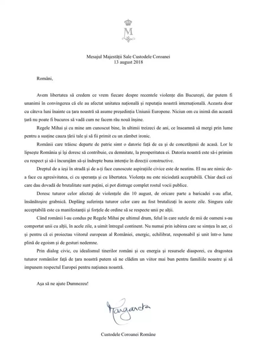 Mesajul Familiei Regale a României după violențele de la protestul diasporei. "Au afectat unitatea națională și reputația noastră internațională"