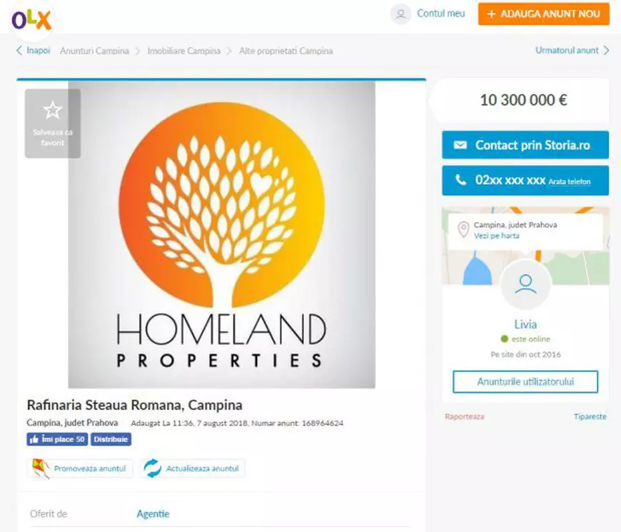 Rafinăria Steaua Română din Câmpina, de vânzare pe OLX