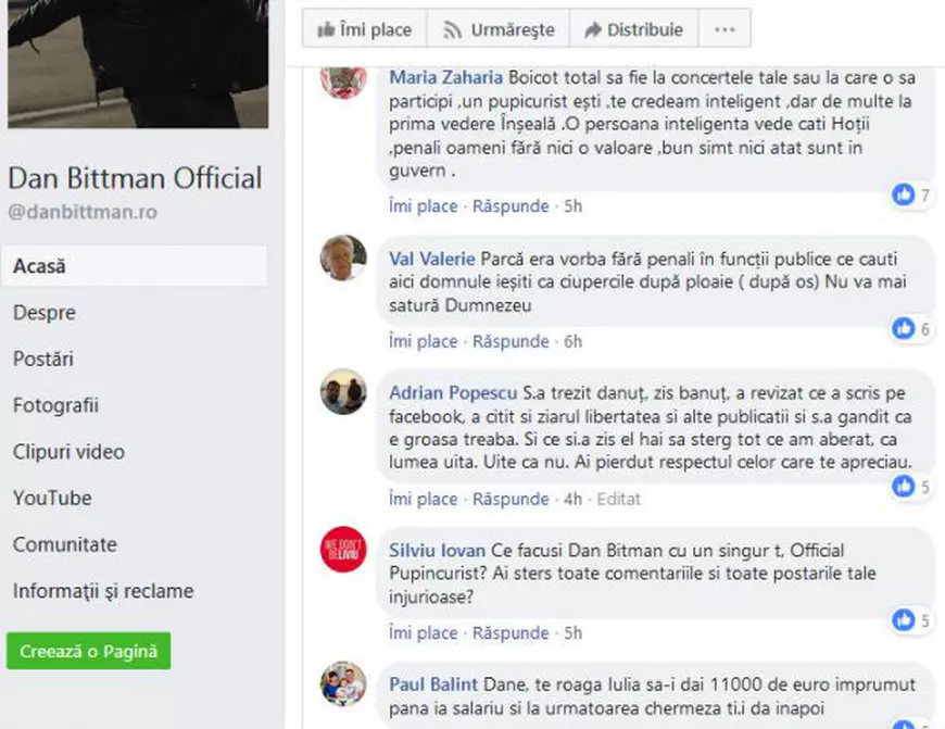 Comentarii negative pe pagina oficială de Facebook a lui Dan Bittman