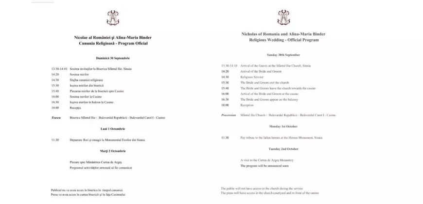 Programul oficial al cununiei religioase a fostului principe Nicolae cu Alina Binder
