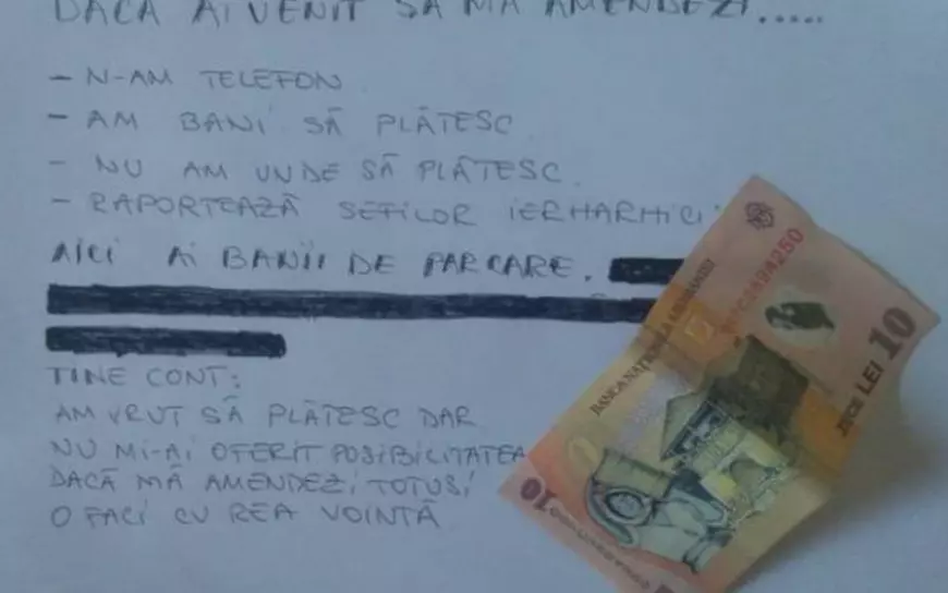 A vrut să plătească parcarea și n-a avut cum! A găsit o metodă originală de a atrage atenția: "Dacă mă amendezi, o faci cu rea-voință"