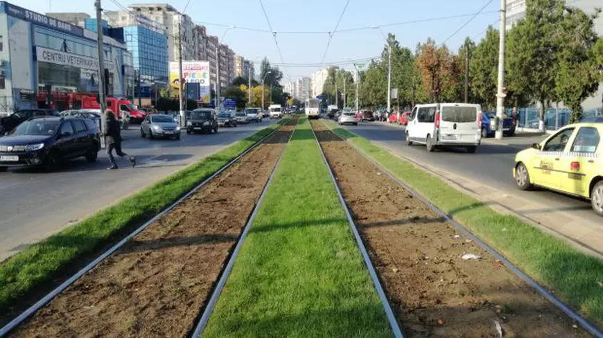 Primăria Sectorului 5 a îndepărtat gazonul plantat între şinele de tramvai, la nici o lună de când a fost pus (foto: Horia Duţescu)