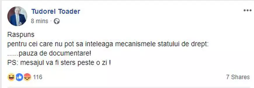 Tudorel Toader și-a luat concediu patru zile, dar postează pe Facebook mesaje pe care le șterge după o oră