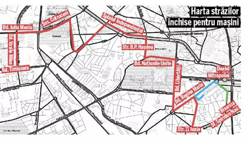 Harta străzilor închise pentru mașini în 25 octombrie, pentru procesiunile de Sărbătoarea Sf. Dimitrie cel Nou și evenimentele de Ziua Armatei