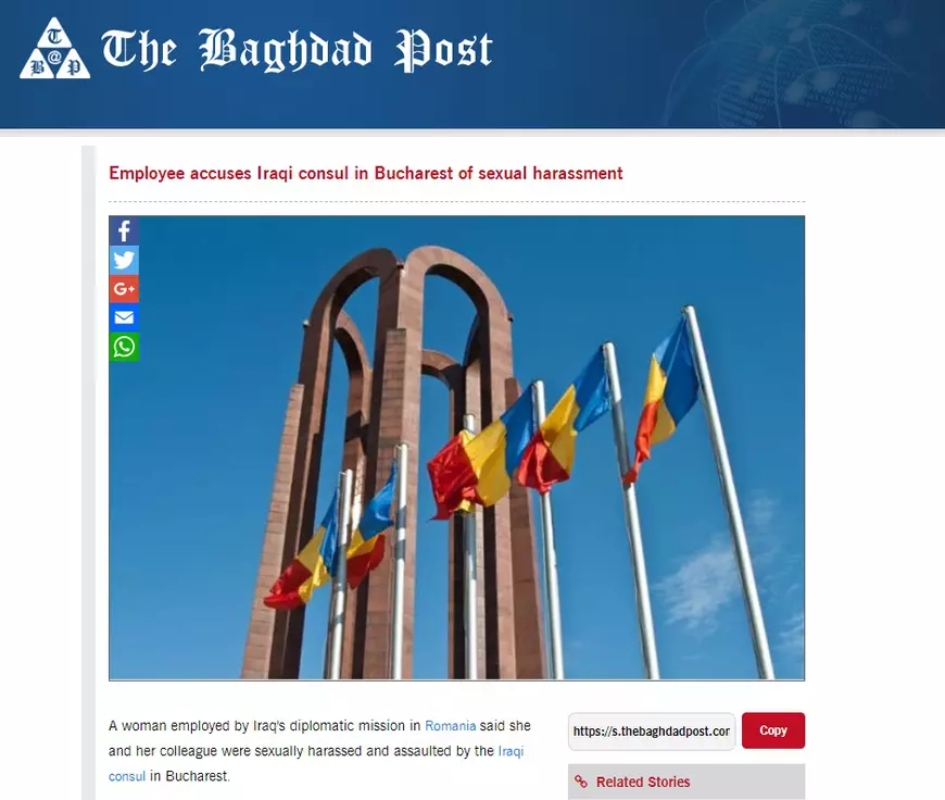 Scandal sexual la Ambasada Irakului din Bucureşti: Acuzaţiile de agresiune şi hărţuire au ajuns în presa din Bagdad