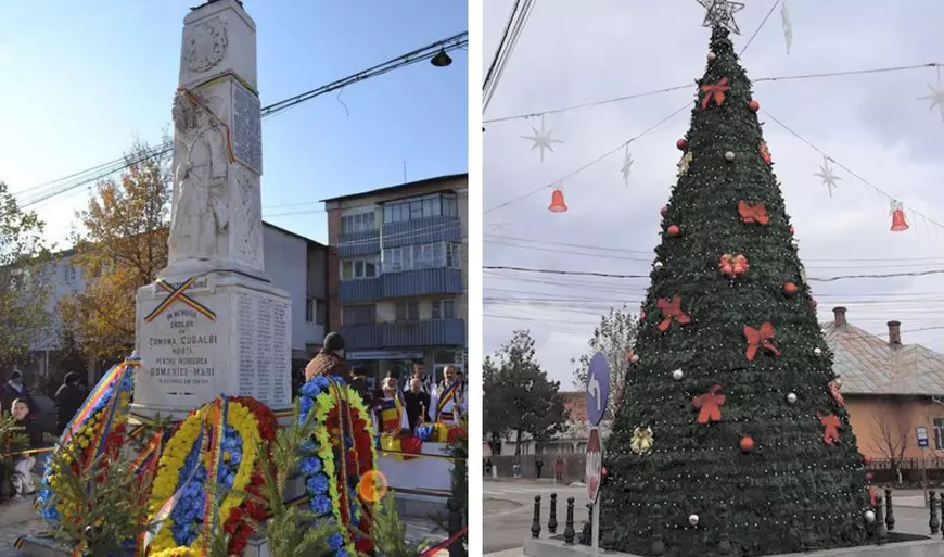 Un monument al eroilor din Galați a fost transformat... în brad de Crăciun. Imagini inedite