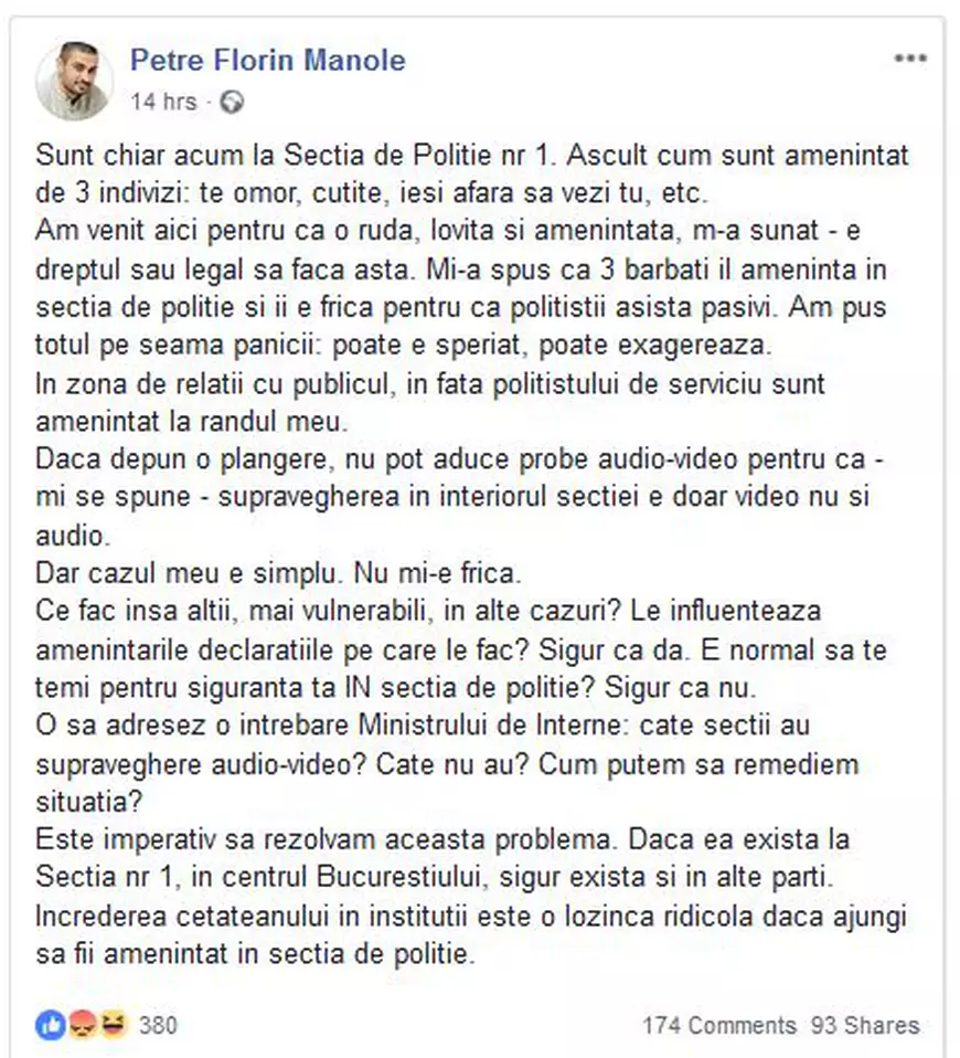 Deputatul PSD Petre Florin Manole, ameninţat în Secţia de Poliţie nr. 1, de faţă cu poliţistul: "Te omor, cuţite, ieşi afară să vezi tu..."