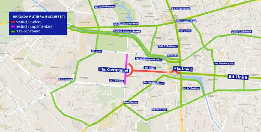 Harta cu restricțiile rutiere din zona Târgului de Crăciun din București