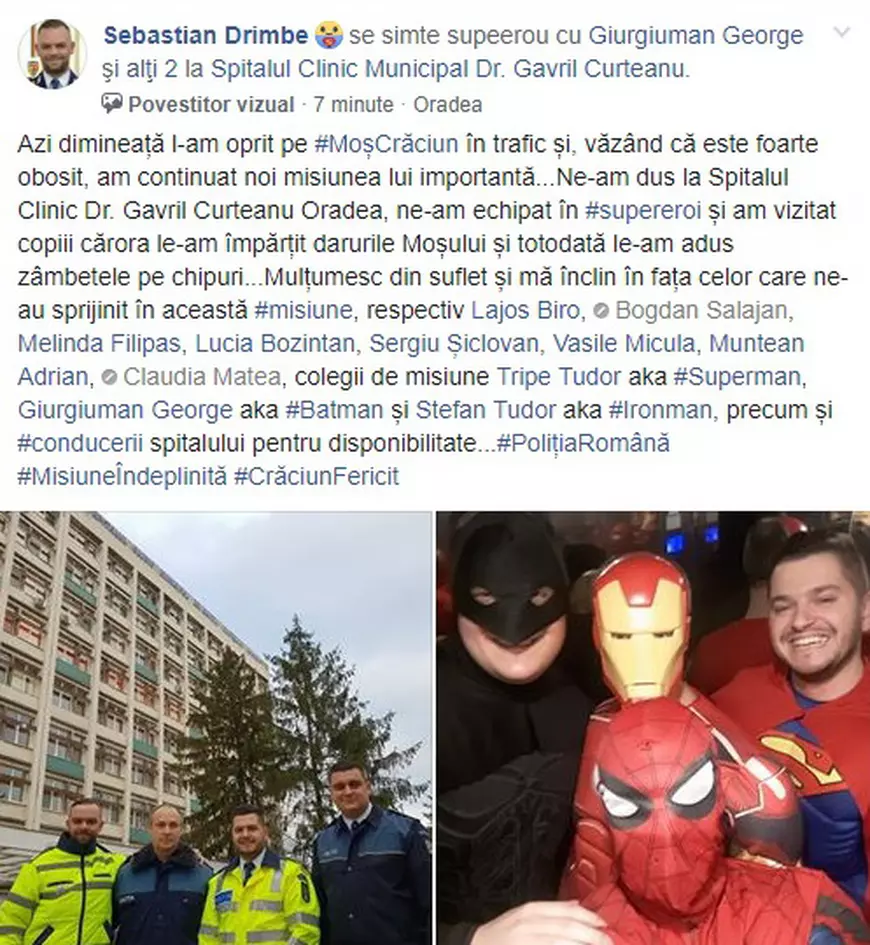 Patru polițiști deghizați în supereroi au dus cadouri de Crăciun copiilor internați la Spitalul din Oradea